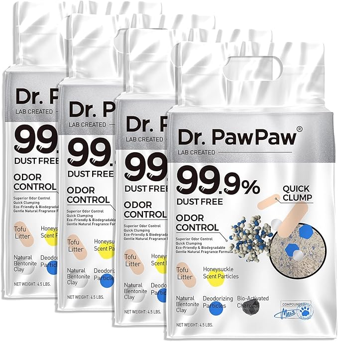 Tofu Cat Litter, Dr. PawPaw Clumping Cat Litter, Honeysuckle Scent 18 lb, Dust-Free Keep Kitty Tidy, Superior Odor Control Keep Step Fresh