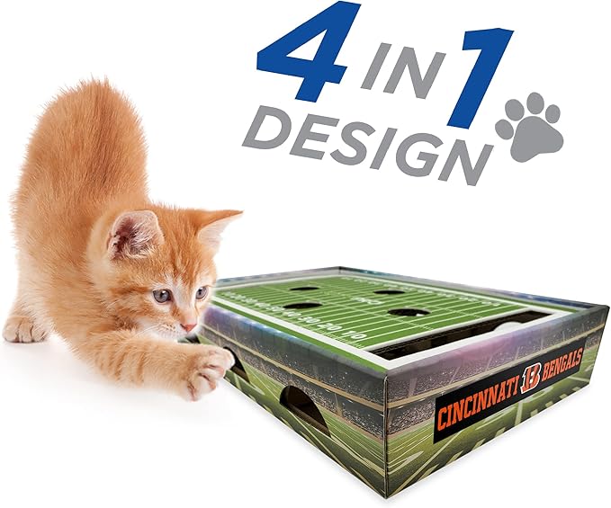 NFL Bengals Football Stadium Cat Scratcher Game Day Cat Toy with 2 Jingle Balls. Field Felt Scratcher Play and Lounge