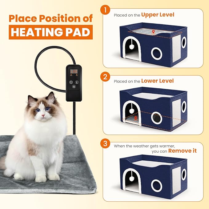 Indoor Heated Cat House, Adjustable Temperature Cat Heating Bed with Timer and Chew Resistant Cord, Large Cat House with Heating Pad for Small Medium and Large Cats