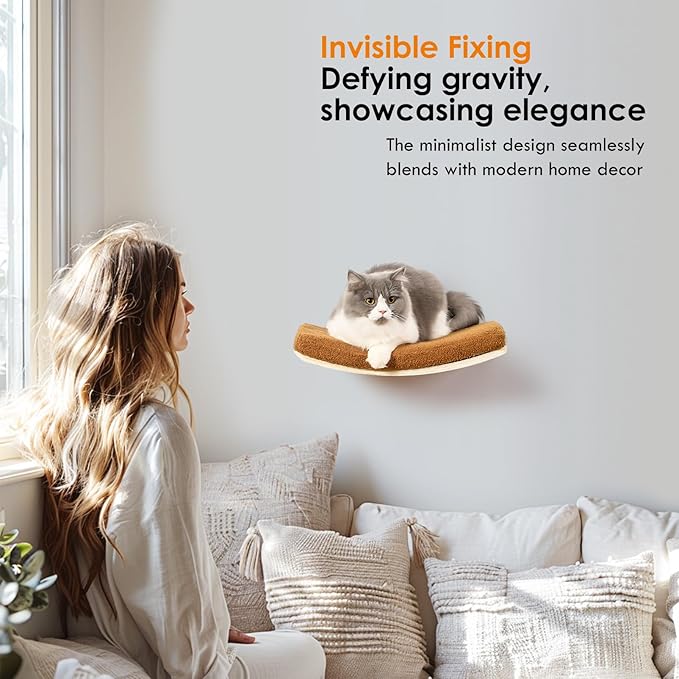 Curved Cat Wall Shelves and Perches, Floating Cat Wall Bed Furniture with Comfortable Cushion