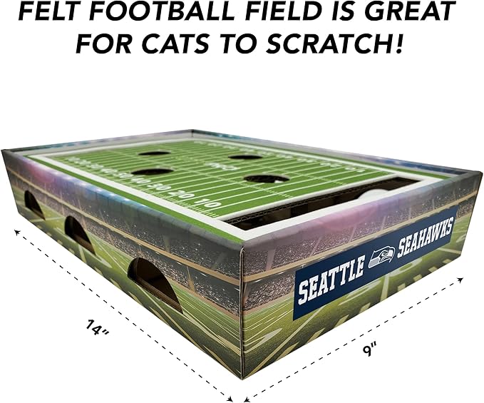 NFL Seattle Seahawks Football Stadium Cat Scratcher Find & Play Box With 2 Jingle Bell Balls - Game Day Toy, Field Felt Scratcher, Play and Lounge Stimulating Game