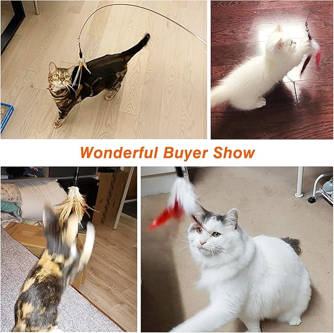 Pawaboo Feather Teaser Cat Toy - Interactive Wand with Extra Long 34.5" Wand and Small Bell, Exerciser Playing Toy for Kittens or Cats, Wine Red & White Feather