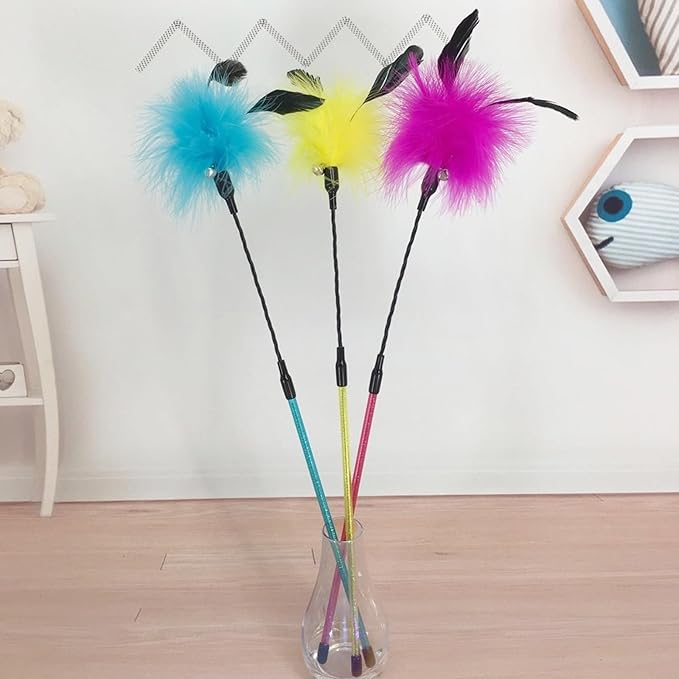 Cat Feather Wands, 3 Colors Soft Turkey Feather Teaser Wands Interactive Unbreakable Kitten Wands Fun Kitty Toy for Indoor Cats Play Exercise