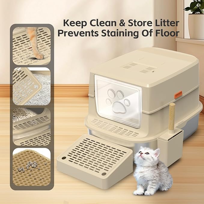 Stainless Steel Cat Litter Box with Lid, 3 in 1 Removable Litter Box for Big/Multiple Cats, High Sides Kitty Litter Pan, Leak-Proof XL Extra Large Enclosed Metal Litter Pan Easy Clean with Scoop & Mat