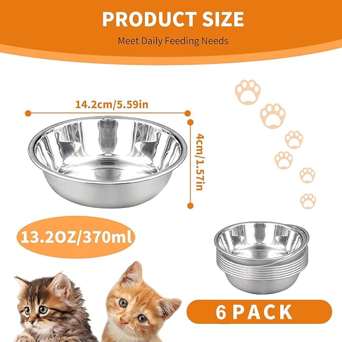 6 pcs Stainless Steel Cat Bowls for Indoor Cats, 5.5" Small Dog Water Bowl, 12 Oz Metal Cat Food Bowl Shallow Pet Bowls, Easy to Clean Dog Dishes for Food and Water (6Pcs)