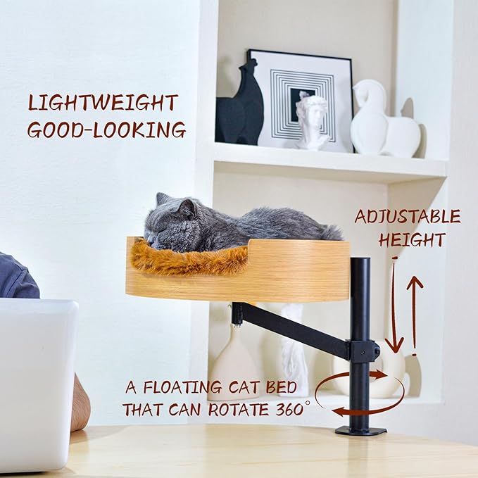Cat Bed Desk with Pet Mat, Cat Hammock for Desk, Cat Bed Desk with Wooden Bowl, 360° Rotation and Adjustable Height, Brown