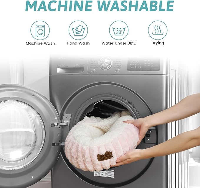 Small Dog Bed with Hooded Blanket, Round Fluffy Anti-Anxiety Pet Bed for Small Dogs & Medium Dogs, Cozy Donut Cuddler with Machine Washable Faux Fur & Anti-Slip Bottom(26"×26"×7",Pink)