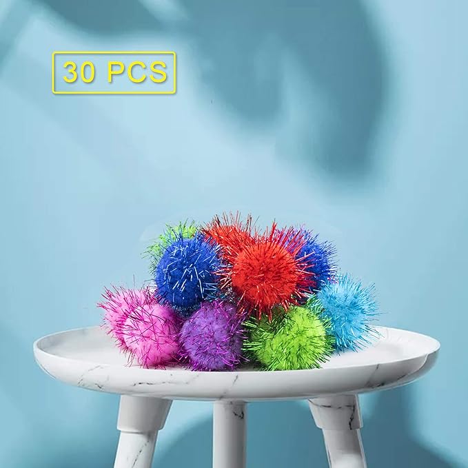 VAPKER 30 Piece 1.5" Assorted Color Sparkle Balls Cat's Favorite Toy Tinsel Pom Poms Glitter