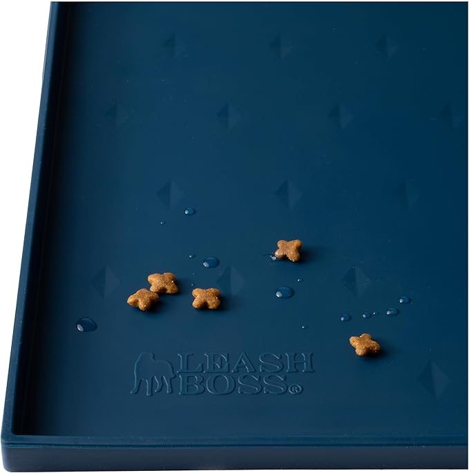 Leash Boss Dog Food Mat for Food and Water Bowls, Waterproof Silicone Pet Feeding Mat for Floors, Extra Tall Raised Edges, Cat and Dog Placemat for Floors, Dishwasher Safe (Medium: 20"x13" - Navy)