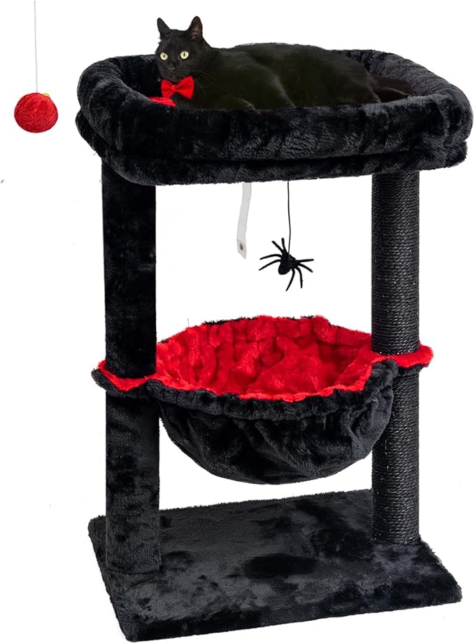 SYANDLVY Gothic Cat Tree with Coffin Bed for Indoor Cats, Activity Cat Tower with Scratching Post for Kittens, Cat Condo Furniture with Basket & Spider Hanging Ball for Play Rest