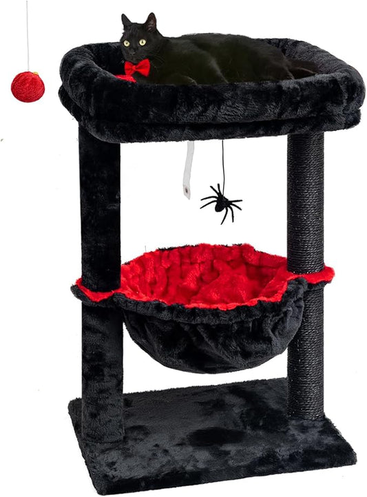 SYANDLVY Gothic Cat Tree with Coffin Bed for Indoor Cats, Activity Cat Tower with Scratching Post for Kittens, Cat Condo Furniture with Basket & Spider Hanging Ball for Play Rest