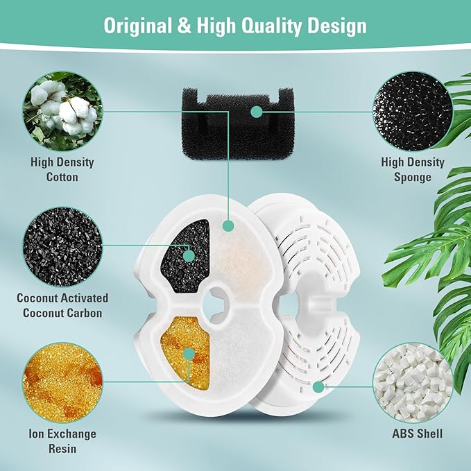 4 Pack Replacement Filters & 4 Pack Pump Filters for 67oz/2L Colorful Cat Fountain with LED Light, BFLICROY Cat Water Fountain Filter, Quadruple Filtration Pet Fountain Filters Replacement