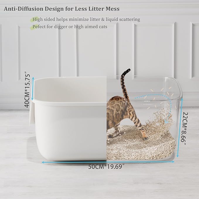 Vealind Large Cat Litter Box High Sided and Side Entry Cat Litter Pan 50 x 40 x 22 CM, Anti-Splashing Deep Tall Cat Boxes for Indoor Cats Basics Kitty Litter Box (White)