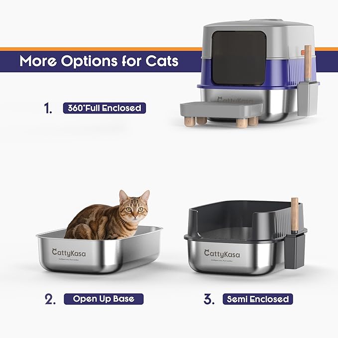 Odor Control XL Stainless Steel Litter Box,3-in-1 Enclosed High Side Cat Litter Box with High Lid for Cats,Non-Sticky,Anti-Leakage,Easy Clean,with Scoop & Filter Pedal(Gray-Blue)
