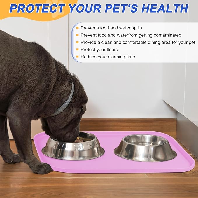 Silicone Pet Feeding Mat with Raised Edge for Food and Water, Dog Bowl Mats, Cat Bowls Placemat with High Lip for Floor Waterproof, Rubber Tray for Cats and Dogs 22 x 14 x0.8 Pink