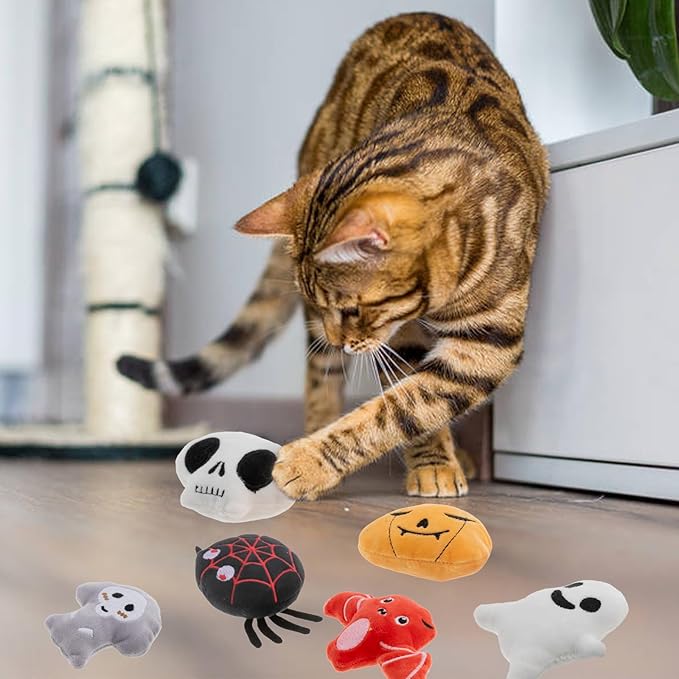 6pcs Halloween Catnip Toy,Indoor Pumpkin Ghost Shaped Cat Toy Plush Interactive Chew Bite Toys for Cat Kitten Indoor Festive Holiday Cat Lover Gift