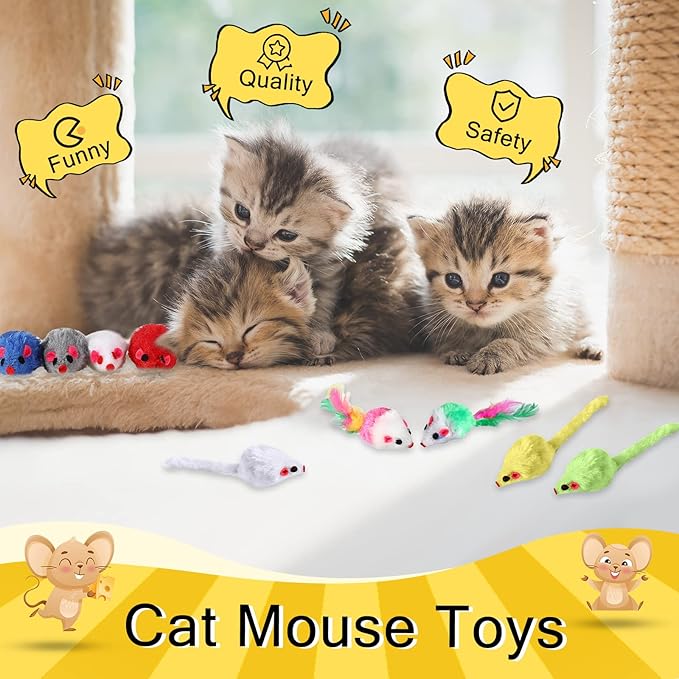 Syhood 120 Pcs Fur Mice Cat Toys Catnip Mouse Toys with Rattle Sound for Cats Mini Mice for Indoor Pets Kitten Interactive Play Assorted Color