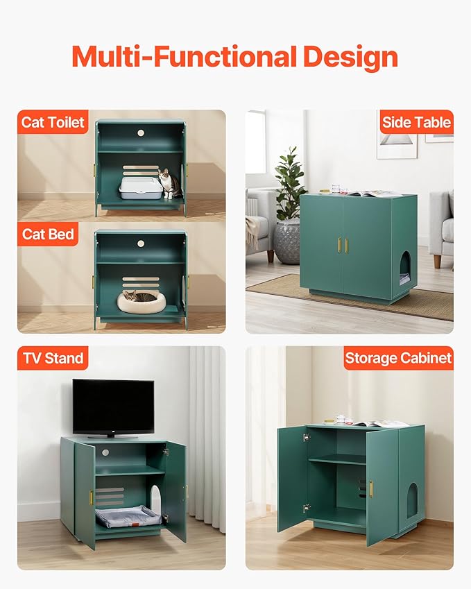 VEVOR Cat Litter Box Enclosure, 31.5 in Hidden Litter Box Cabinet, Wooden Indoor Cat Washroom with Ventilated Holes, Double-Door Kitty Pet House Furniture, End Side Table Fit Most Litterboxes