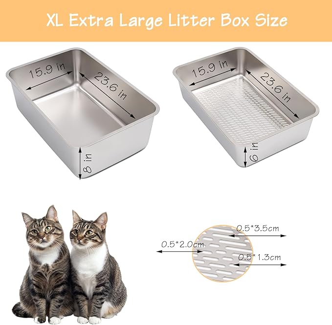 Stainless Steel Sifting Cat Litter Box, XL High-Sided, Anti-Leakage, Easy Clean, 23.6" L x 15.9" W x 8" H,Includes Scoop & Liner, Ideal for Big Cats & Pine Pellets