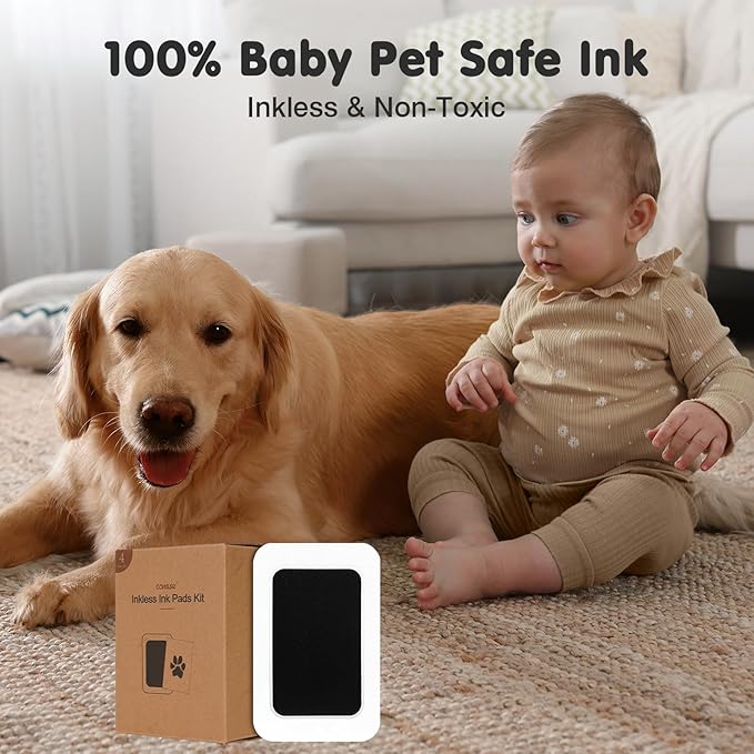 Inkless Paw Print Kit for Dogs,Cats & Babies – Clean Touch Dog Nose & Baby Handprint Kit, Mess-Free Ink Pad with 4 Pads & 2 Wooden Frames – Keepsake Gifts for Pet Owners & New Moms