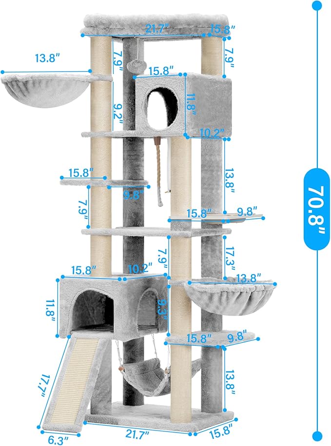 Hey-brother Cat Tree, 70.8 Inches Multi-Level Cat Tree Tower for Large Cats, Heavy Duty Cat Tower with Cat Condo,Baskets, Cat Scratching Posts, Big Hammock and Food Bowls, Light Gray MPJ036W