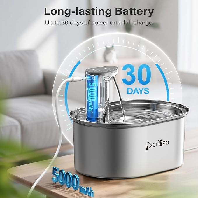 Wireless Cat Water Fountain Stainless Steel, 108oz/3.2L Cat Fountain Battery Operated, Automatic Cordless Water Fountains for Cats Indoor with Auto Shut Off Pump, Pet Water Dispenser for Cats Dogs