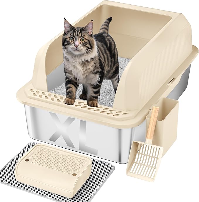 Stainless Steel Cat Litter Box with Lid, XL Large Litter Box for Big Cats, Enclosed Kitty Litter Pan with High Sides, Anti-Leakage&Non-Stick, Easy to Clean, Included Scoop, Aisle and Mat Beige