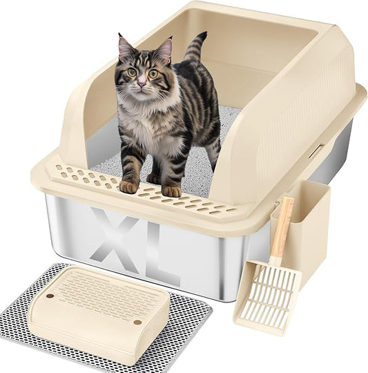 Stainless Steel Cat Litter Box with Lid, XL Large Litter Box for Big Cats, Enclosed Kitty Litter Pan with High Sides, Anti-Leakage&Non-Stick, Easy to Clean, Included Scoop, Aisle and Mat Beige