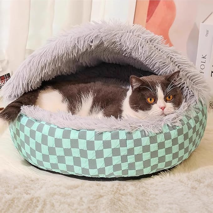 Cat Bed Hooded Plush Nest with Self-Warming Cozy Cave, Calming Anti-Anxiety Pet Bed for Indoor Cats & Small Dogs, Removable Washable Cover & Waterproof Bottom - Gray