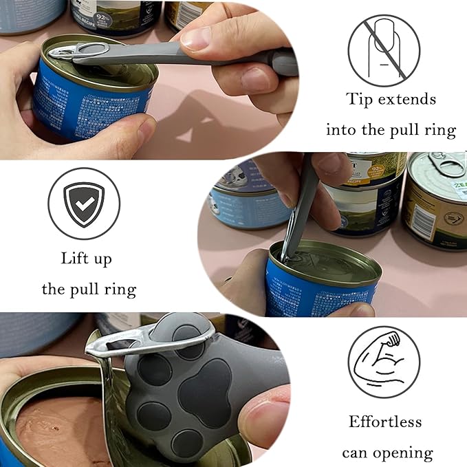 3 Pcs Cat Food Can Covers & One Can Opener | Cute Paw Shape Can Covers and Opener Spatula Cat Wet Food Spoon | Universal BPA Free Silicone Can Food Spoon & Covers for Dog Cat Cans(Grey)