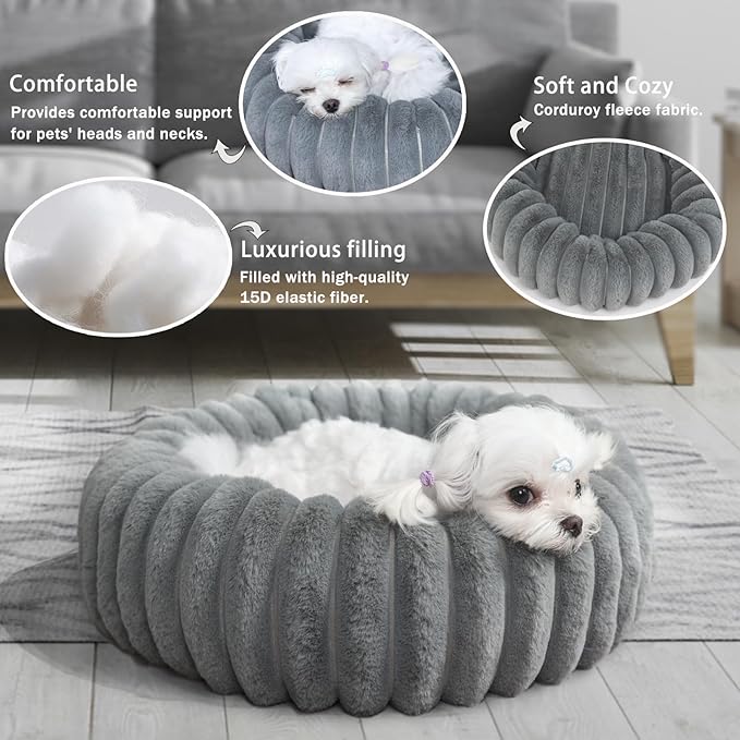Donut Dog Bed for Small Dogs & Cats - Comfort Anti-Anxiety Calming, Washable & Anti-Slip, Cozy Soft Round Pet Beds for Puppy & Kitty, 19x19 Inch, Warm Grey