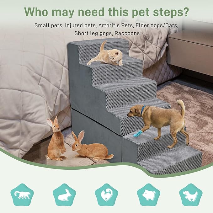 Dog Stairs for High Beds 28-30 inches Tall, 6-Step Dog Stairs for Small Large Dogs/Cats, Foam Dogs Steps/Ramp for High Bedsides/Couch, Non-Slip Balanced Pet Step/Pamp/Ladder for Bed, Grey