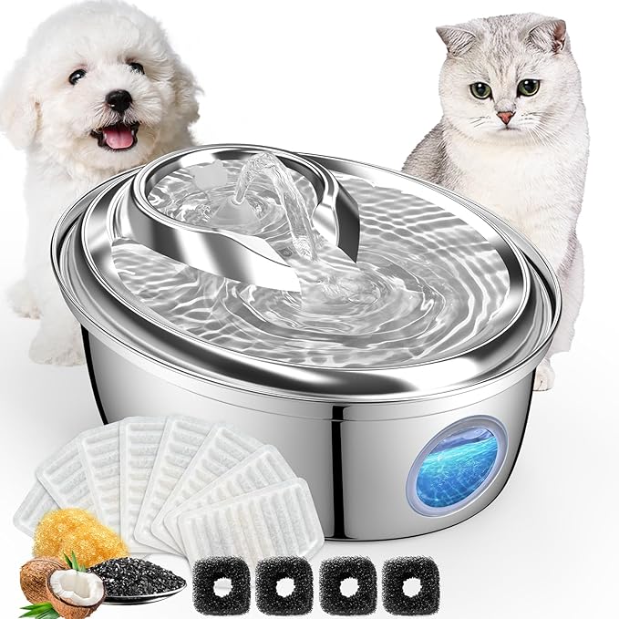 ORSDA Stainless Steel Cat Water Fountain, 100oz/3L Automatic Pet Drinking Fountain, Dog Water Dispenser Bowl with LED Window for Cats and Small & Medium Dogs- 12Pcs Filters( D66