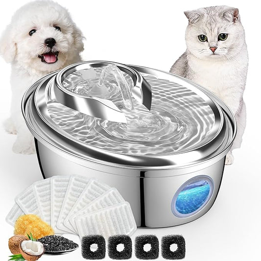 ORSDA Stainless Steel Cat Water Fountain, 100oz/3L Automatic Pet Drinking Fountain, Dog Water Dispenser Bowl with LED Window for Cats and Small & Medium Dogs- 12Pcs Filters( D66