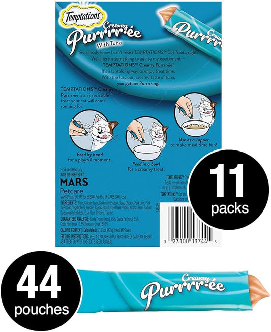Temptations Creamy Puree Squeezable Lickable Wet Cat Treats with Tuna, 0.42 oz. Tubes, 4 Count, Pack of 11 (44 Total)