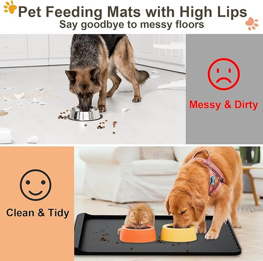 Dog Food Mat - Silicone Dog Mat for Food and Water - 28" x 20" Pet Feeding Mats with Residue Collection Pocket - Waterproof Dog Cat Bowl Mat with High Edges to Prevent Water Food Spills (Black)