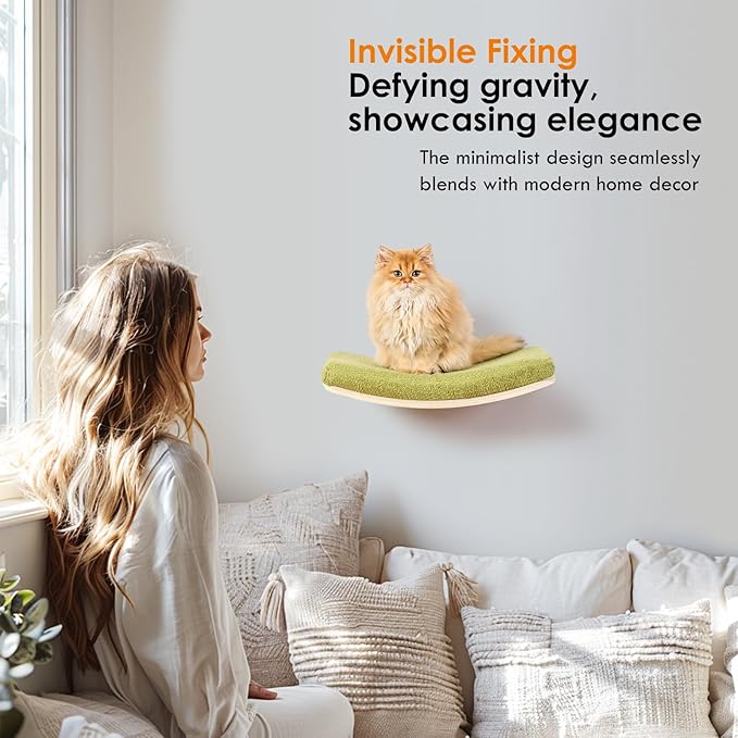 Curved Cat Shelves and Perches, Floating Cat Wall Bed with Comfortable Cushion