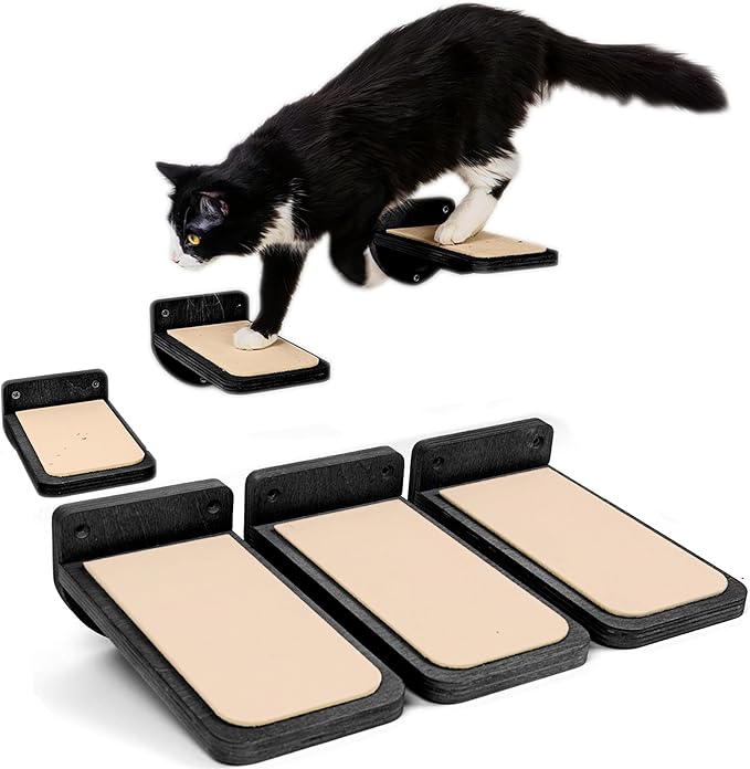INICIO Cat Wall Stairs - Set of 3 Wall Steps for Cats to Climb with Fixtures, 9.3"x4.7" - Floating Steps for Climbing or Playing - for Kittens and Adult Cats, Black