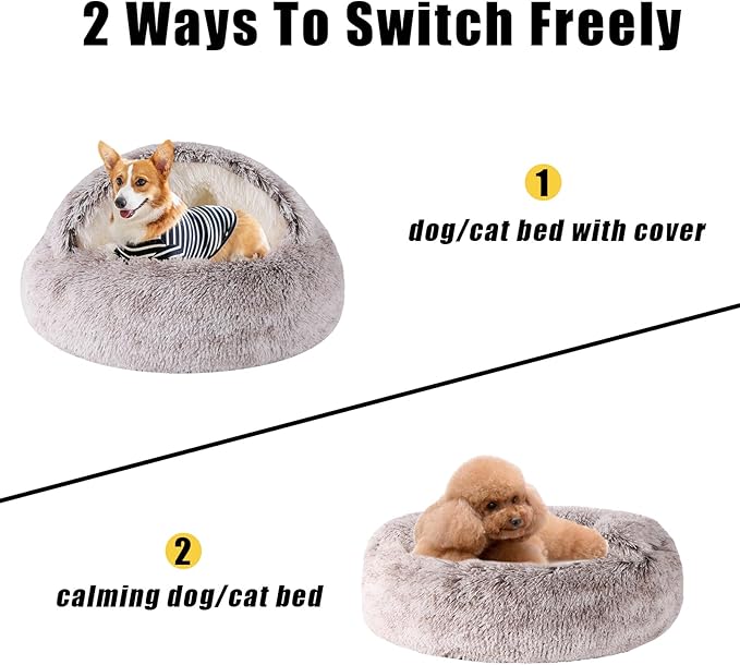Coffee Round Hooded Cat & Dog Bed - Cave Cover, Faux Fur Cuddler, Self Warming Donut Bed, Fits up to 12 lbs Pets (20" x 20")