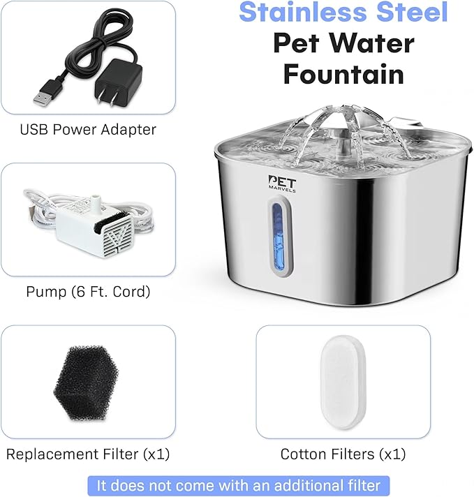 Stainless Steel Cat Water Fountain β 2.2L/74oz Ultra-Quiet Pump, Visible Water Level, Dual Flow Modes β Automatic Pet Water Dispenser for Cats & Small Dogs