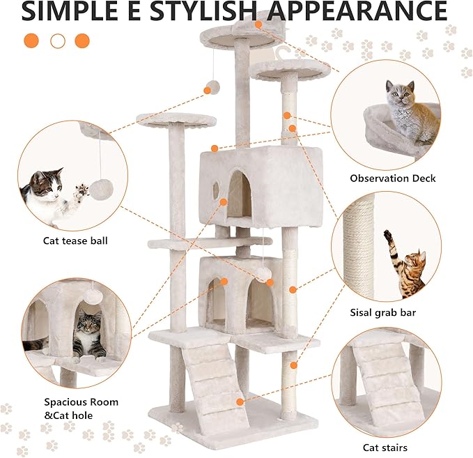 BestPet | 70" Cat Tree Tower | Beige | Sturdy, Easy to Assemble, Multi-Level Activity Center with Sisal Scratching Posts, Condos, Perches, Hanging Cat Toys, Observation Decks & Ladder