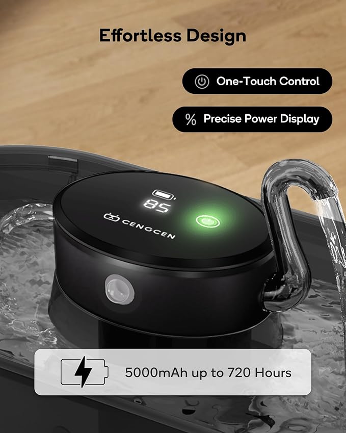 Cat Water Fountain Cordless, 108oz/3.2L Cengcen Wireless Cat Fountains for Drinking, Pet Water Fountains for Cats Indoor, Automatic Cat Water Dispenser Battery Operated 5000mAh Rechargeable, Black