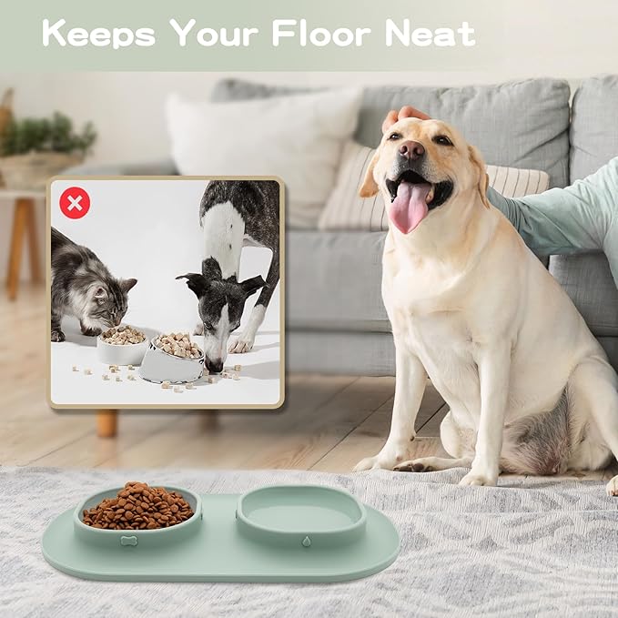 Dog Food Bowls Pet Bowls & Dog Water Bowls with No-Spill and Non-Skid, Feeder Bowls with Dog Bowl Mat for Small Medium Large Size Dogs Cats Puppy Pets, Dog Dishes (Green)