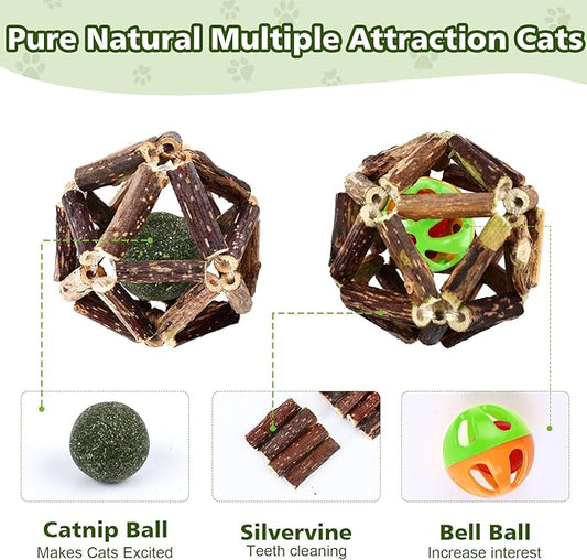 Catnip Chew Toys for Cats, 24 Pack Cat Toys with Silvervine Sticks, Natural Silvervine Stick Cage Balls & Bell Balls for Indoor Cats