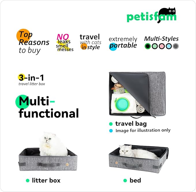 Large Portable Cat Travel Litter Box with Leak-Proof Zipped Lid to Keep Odor and Litter Contained. Lightweight to Carry Around Grey