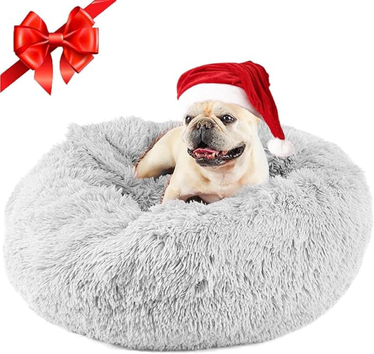 Himax Donut Bed for Small Medium Dogs With Attached Blanket - Calming, Washable (20"/26"/35") Light Grey