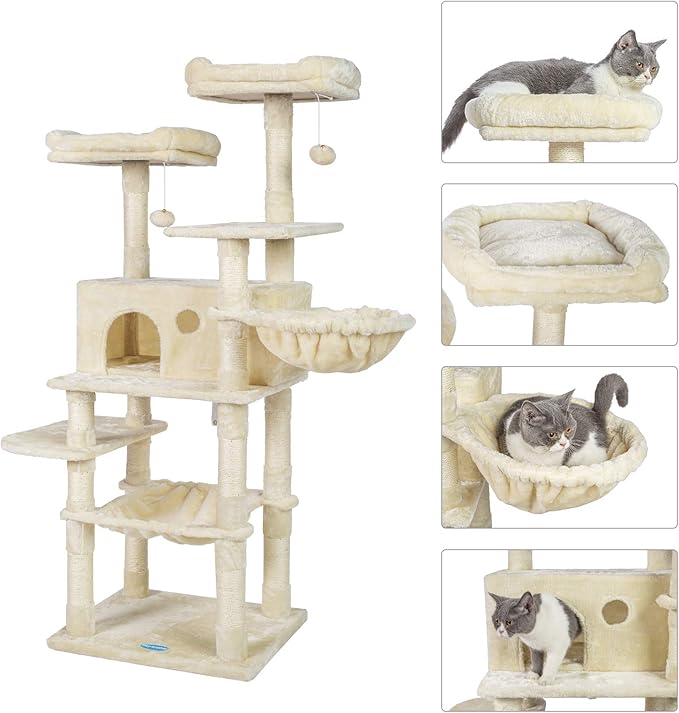 Hey-brother Cat Tree for Large Cats, Cat Tower with Scratching Posts, 2 Padded Plush Perches, Big Condo and Cozy Basket, Beige MPJ025M