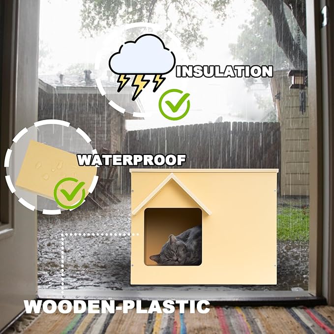 Outdoor Cat Houses Feral Cat Shelter Wooden Stray Cat Condo Outside Sturdy Waterproof and Insulated with Escape Door (one cat)