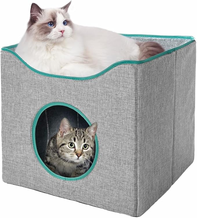 Jongee Cat Cube House Foldable Cat Condo with Reversible Cushion & Scratch Pad for Small Cats, Gray, 13”×13”×15”
