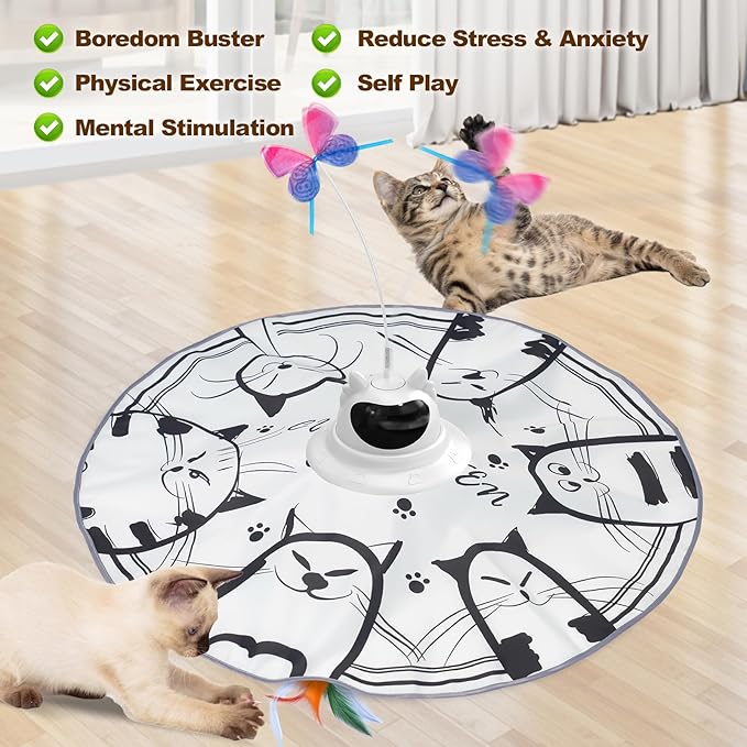 Cat Toys Interactive 2-in-1 Rechargeable Unpredicatable Moving Feather Cat Wand Hide and Seek, Spinning Butterfly, Kitten Toys for Indoor Cats Exercise